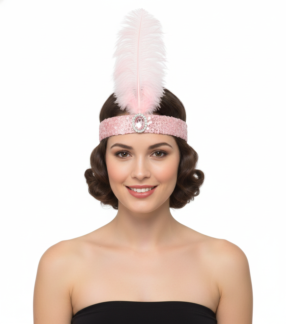 WIDE FLAPPER HEADBAND Feather Sequin Costume Gatsby Charleston Headpiece 1920s - Light Pink