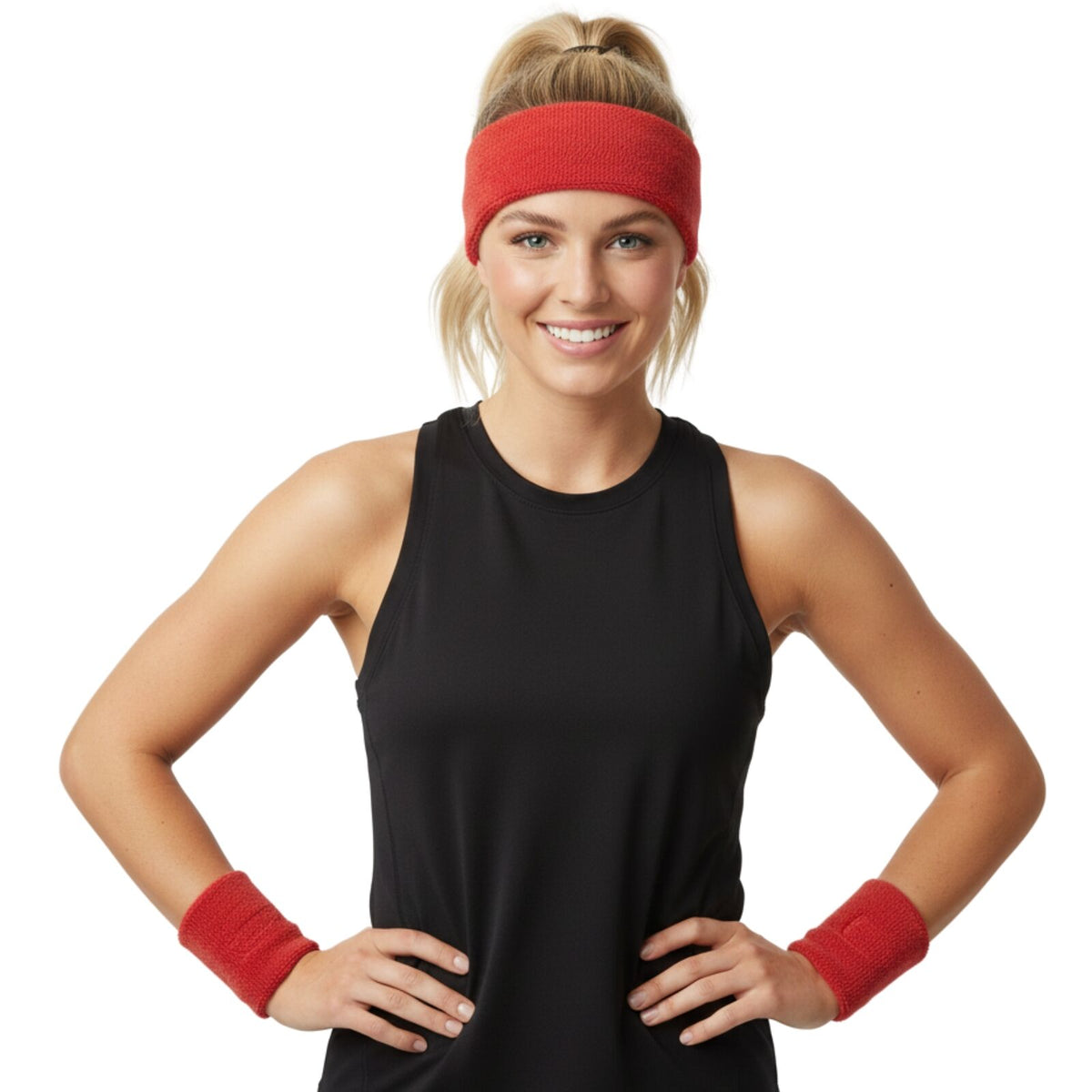 WRISTBAND & HEADBAND SET Tennis Terry Towelling Cotton Sweat Band Team Gym  - Red