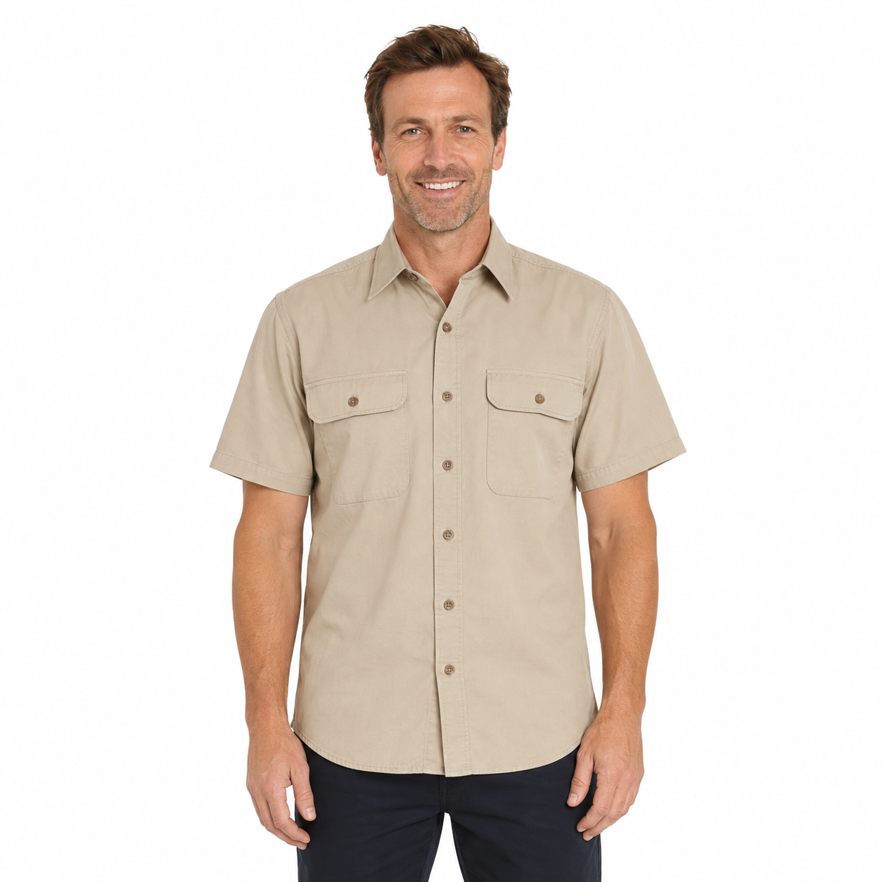 BISLEY SHORT SLEEVE SHIRT Everyday Casual Business Work Cotton Blend in Beige (Size S)