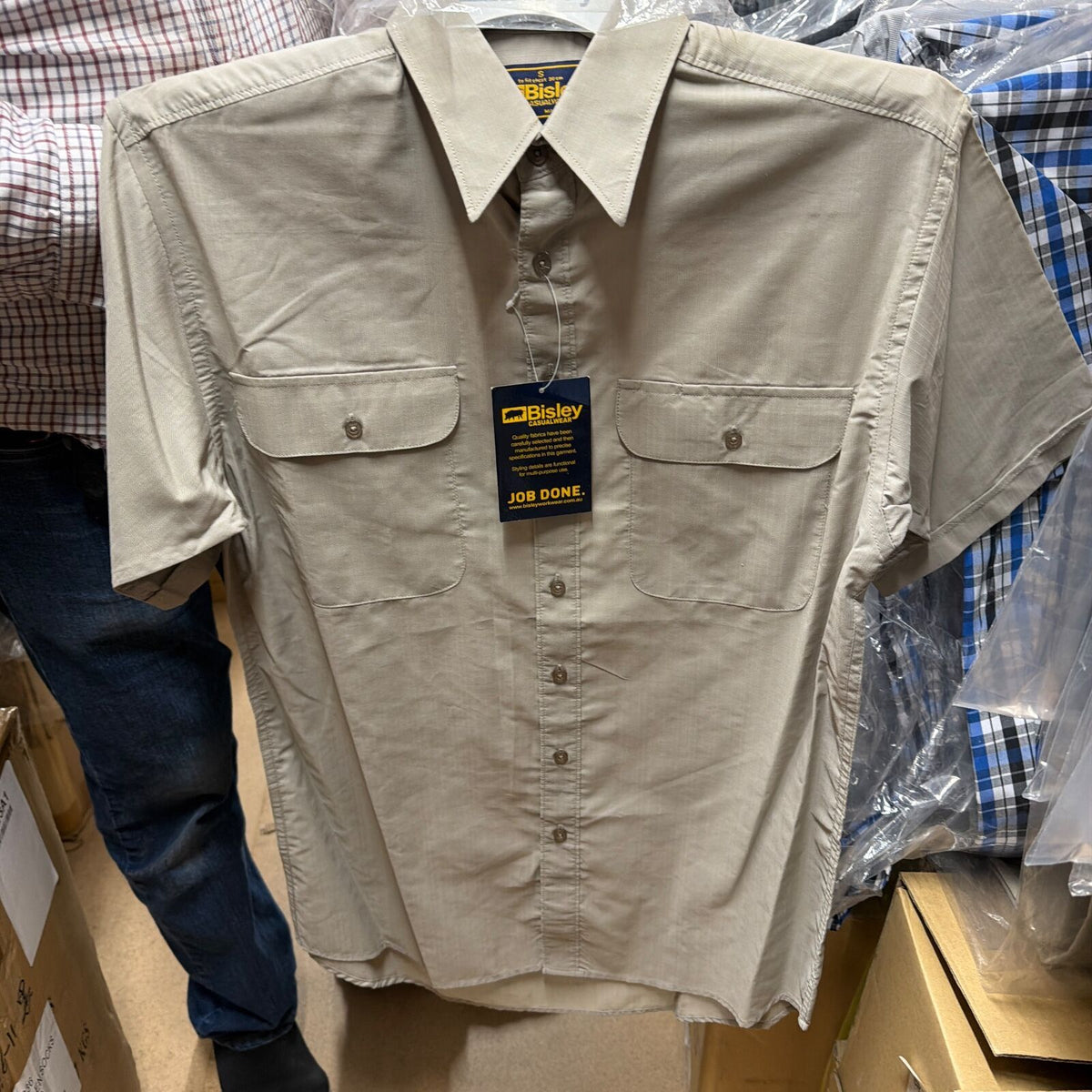 BISLEY SHORT SLEEVE SHIRT Everyday Casual Business Work Cotton Blend in Beige (Size S)