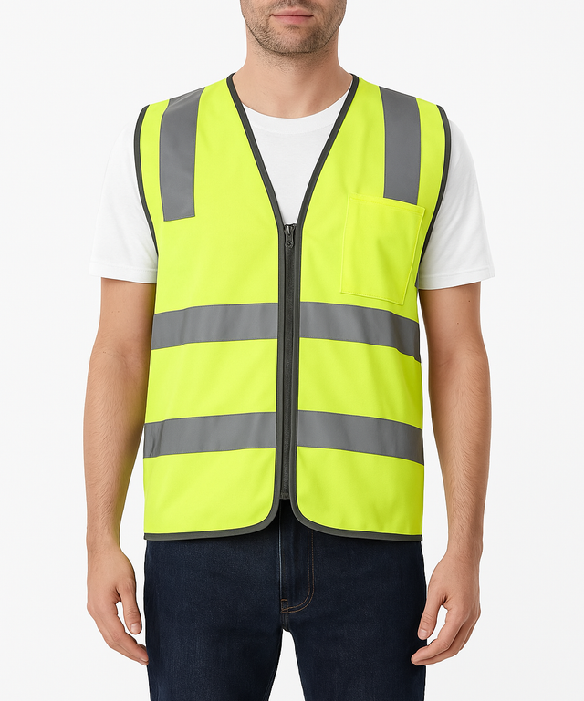 Hi Vis Safety Vest Reflective Tape Zip Up Workwear Pocket Visibility in Yellow S