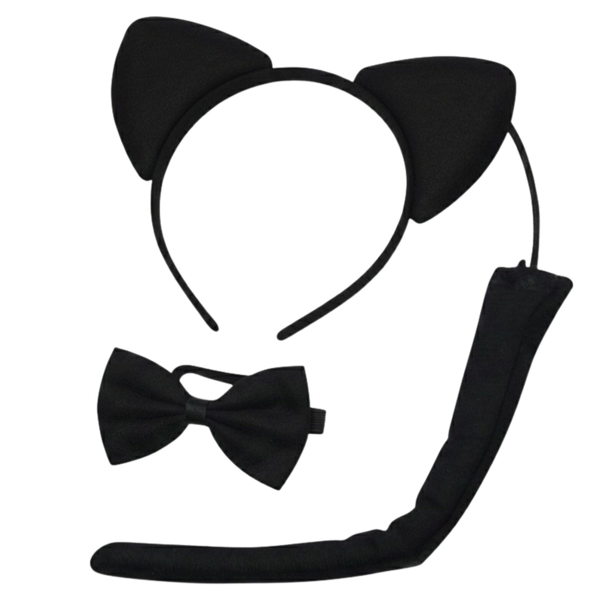 BLACK CAT EARS HEADBAND w Bow Tail Animal Costume Halloween Party Hair Accessory