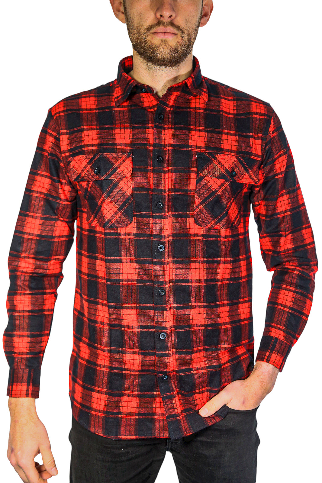 Mens Flannelette Long Sleeve Shirt 100% Cotton Check Authentic Flannel - Full Placket - Red  - L