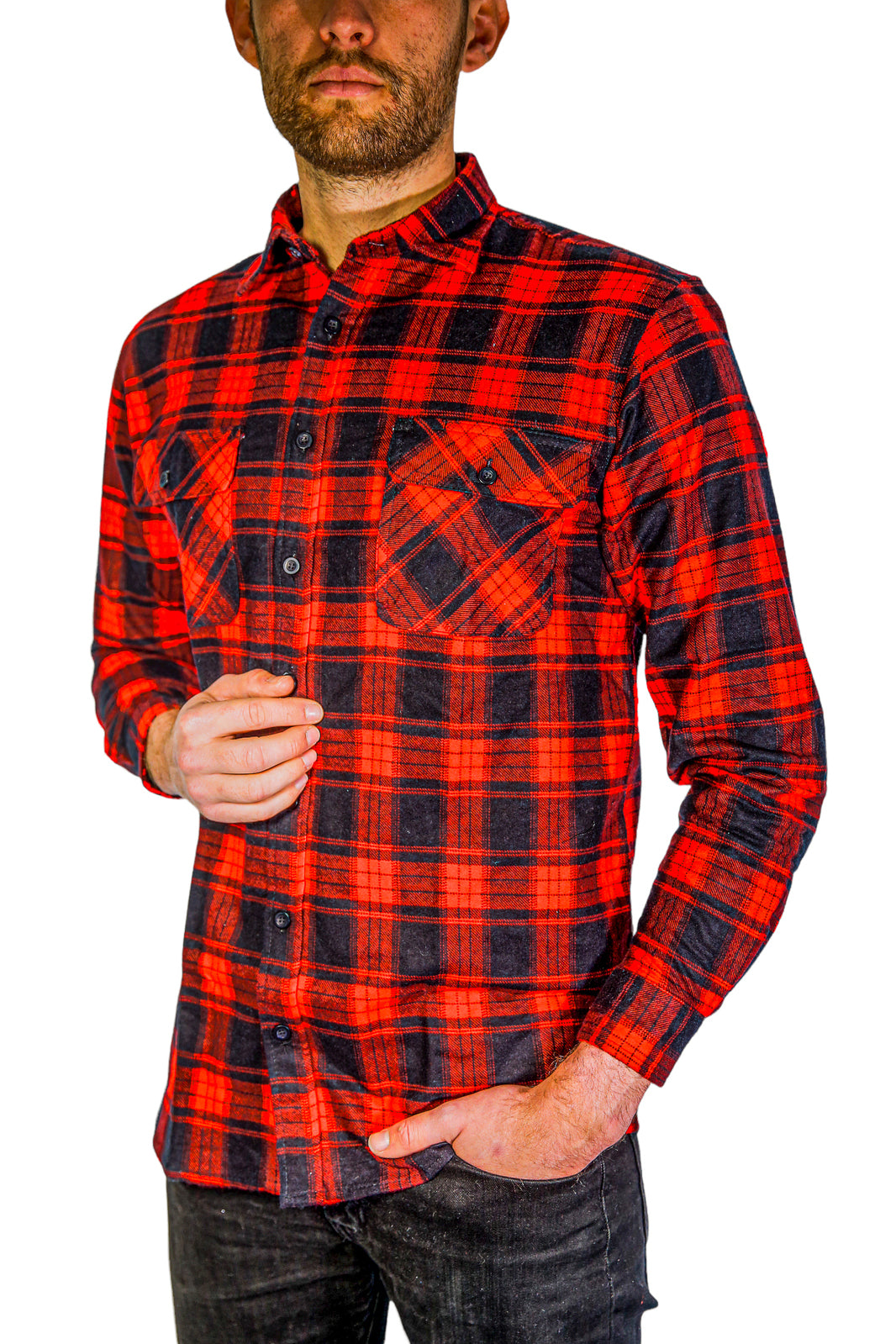 Mens Flannelette Long Sleeve Shirt 100% Cotton Check Authentic Flannel - Full Placket - Red  - M