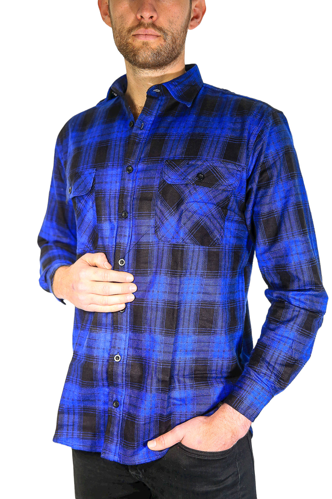 Mens Flannelette Long Sleeve Shirt 100% Cotton Check Authentic Flannel - Full Placket - Royal Blue  - 3XL