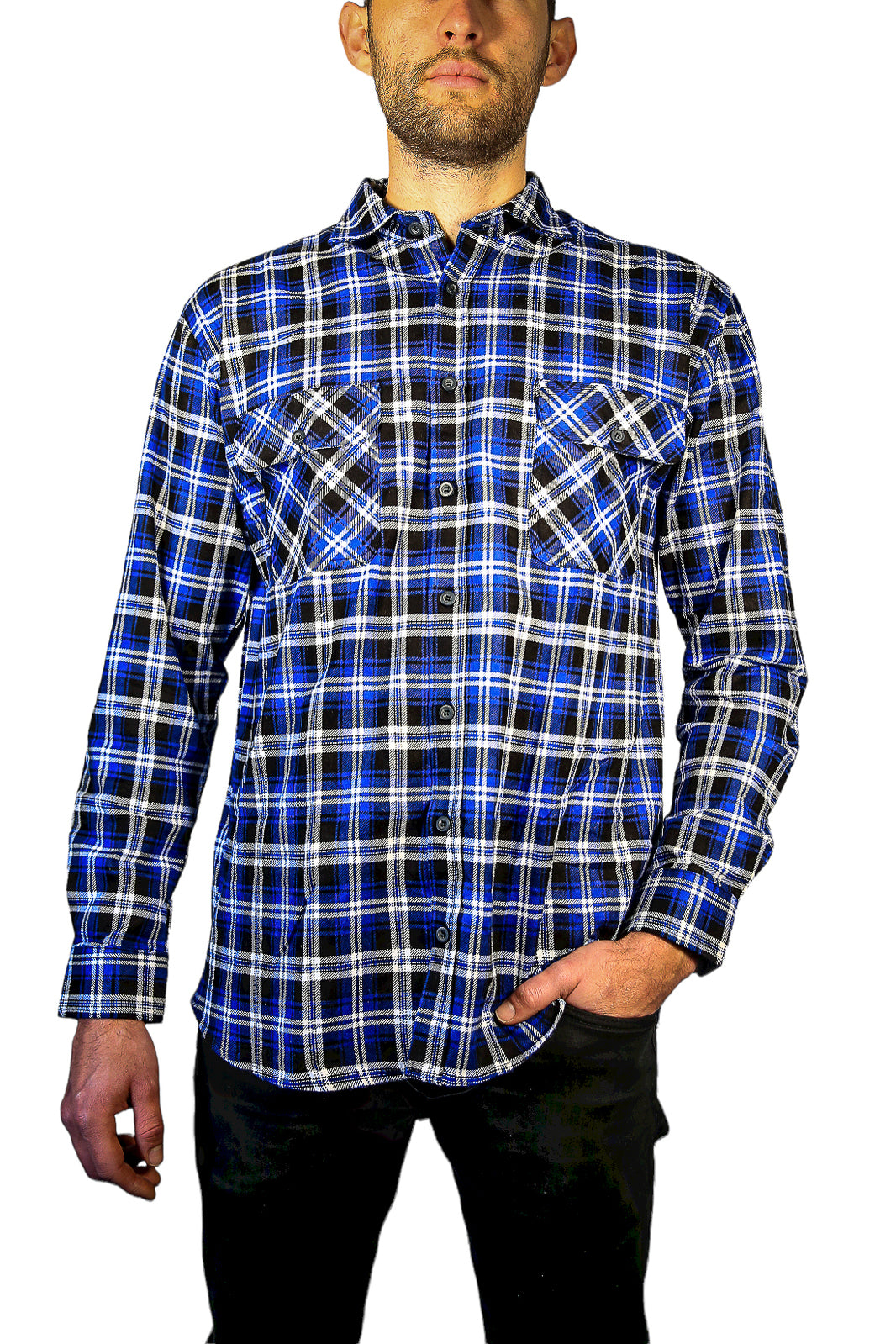 Mens 100% Cotton Flannelette Shirt Long Sleeve Check Authentic Flannel - Denim - L