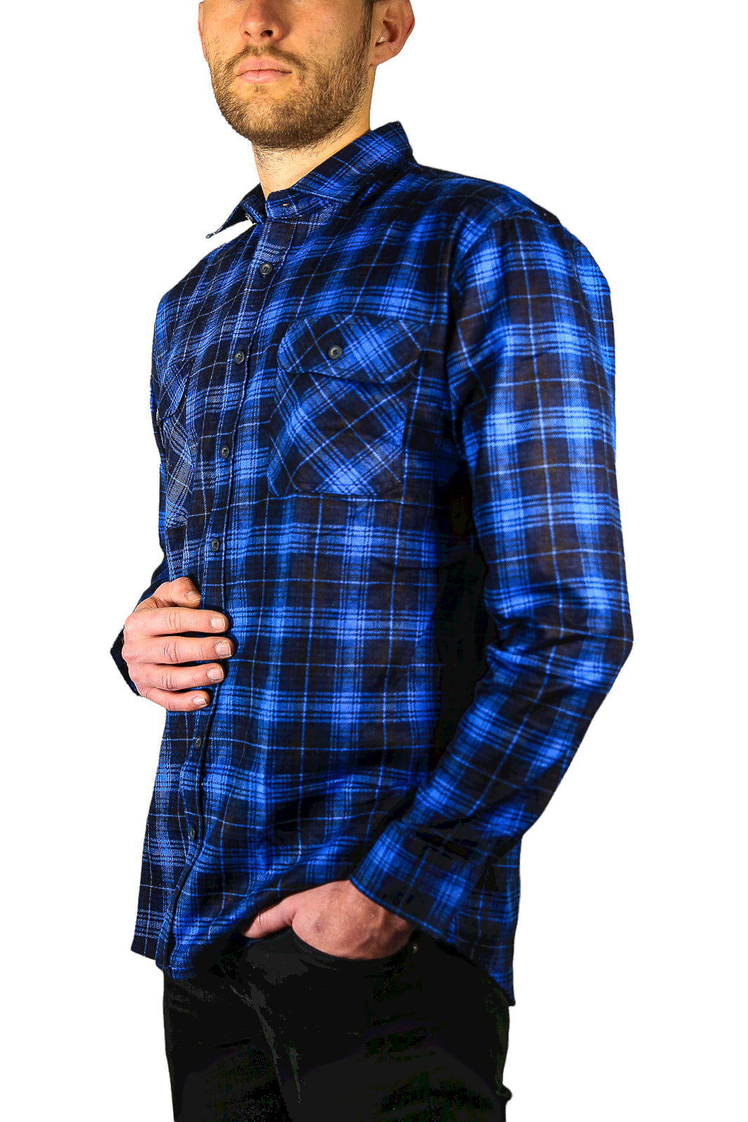 Mens 100% Cotton Flannelette Shirt Long Sleeve Check Authentic Flannel - Blue - XXL