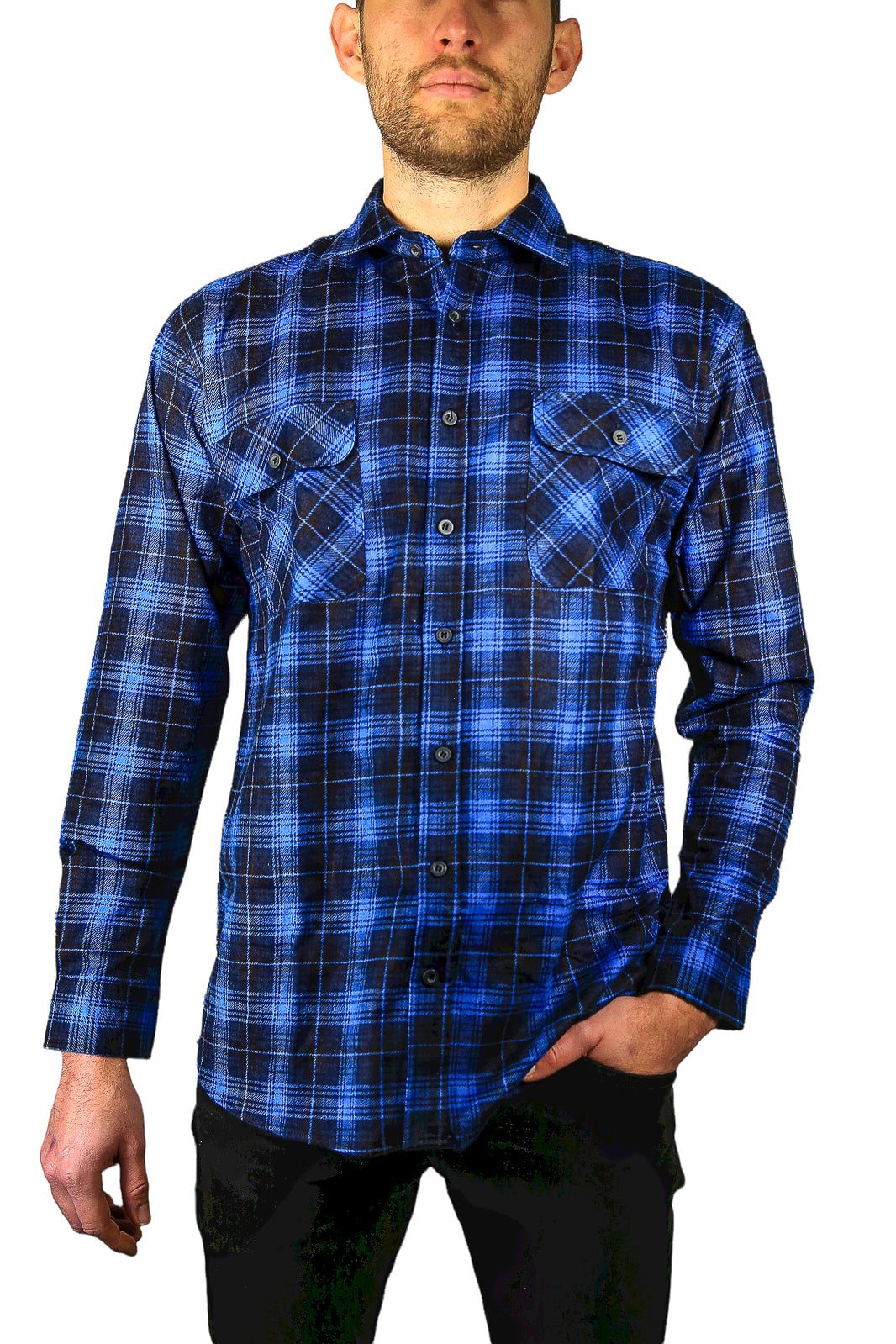 Mens 100% Cotton Flannelette Shirt Long Sleeve Check Authentic Flannel - Blue - 4XL