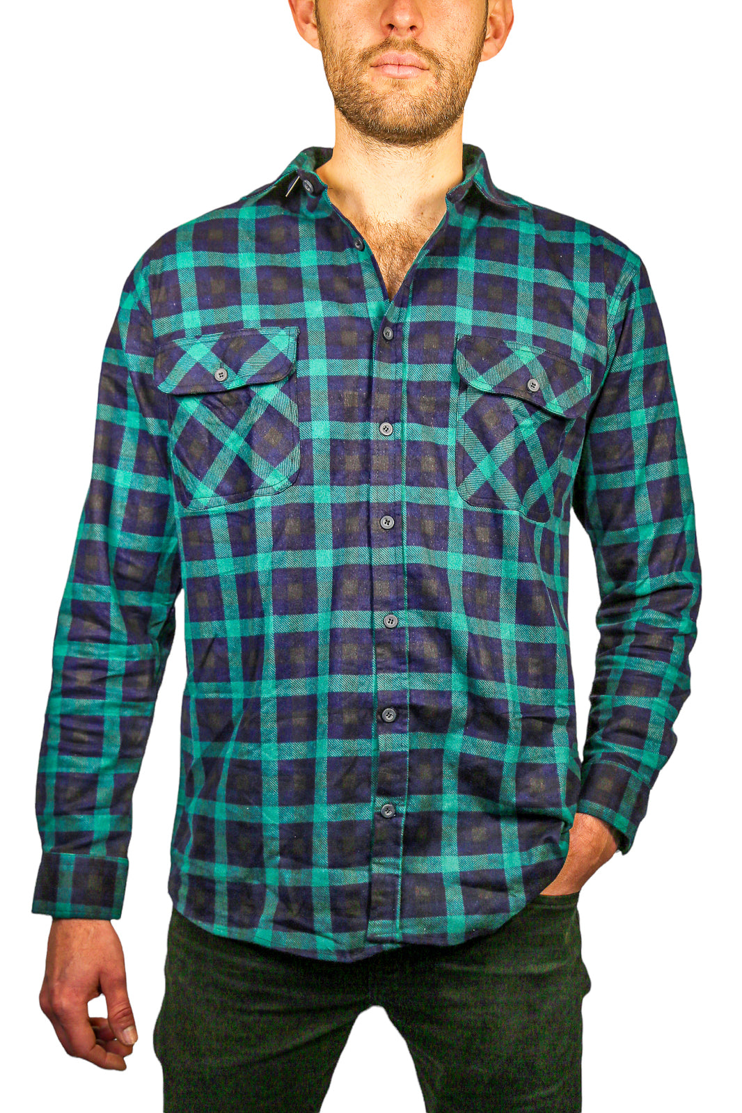 Mens 100% Cotton Flannelette Shirt Long Sleeve Check Authentic Flannel - Green/Navy - L