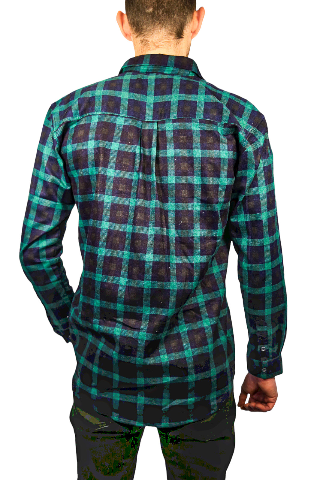 Mens 100% Cotton Flannelette Shirt Long Sleeve Check Authentic Flannel - Green/Navy - L