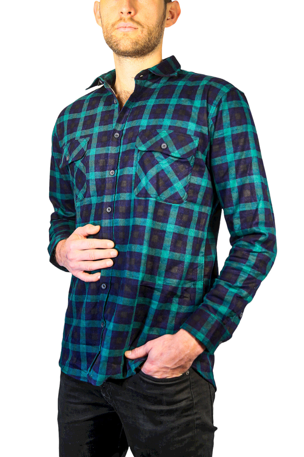 Mens 100% Cotton Flannelette Shirt Long Sleeve Check Authentic Flannel - Green/Navy - L