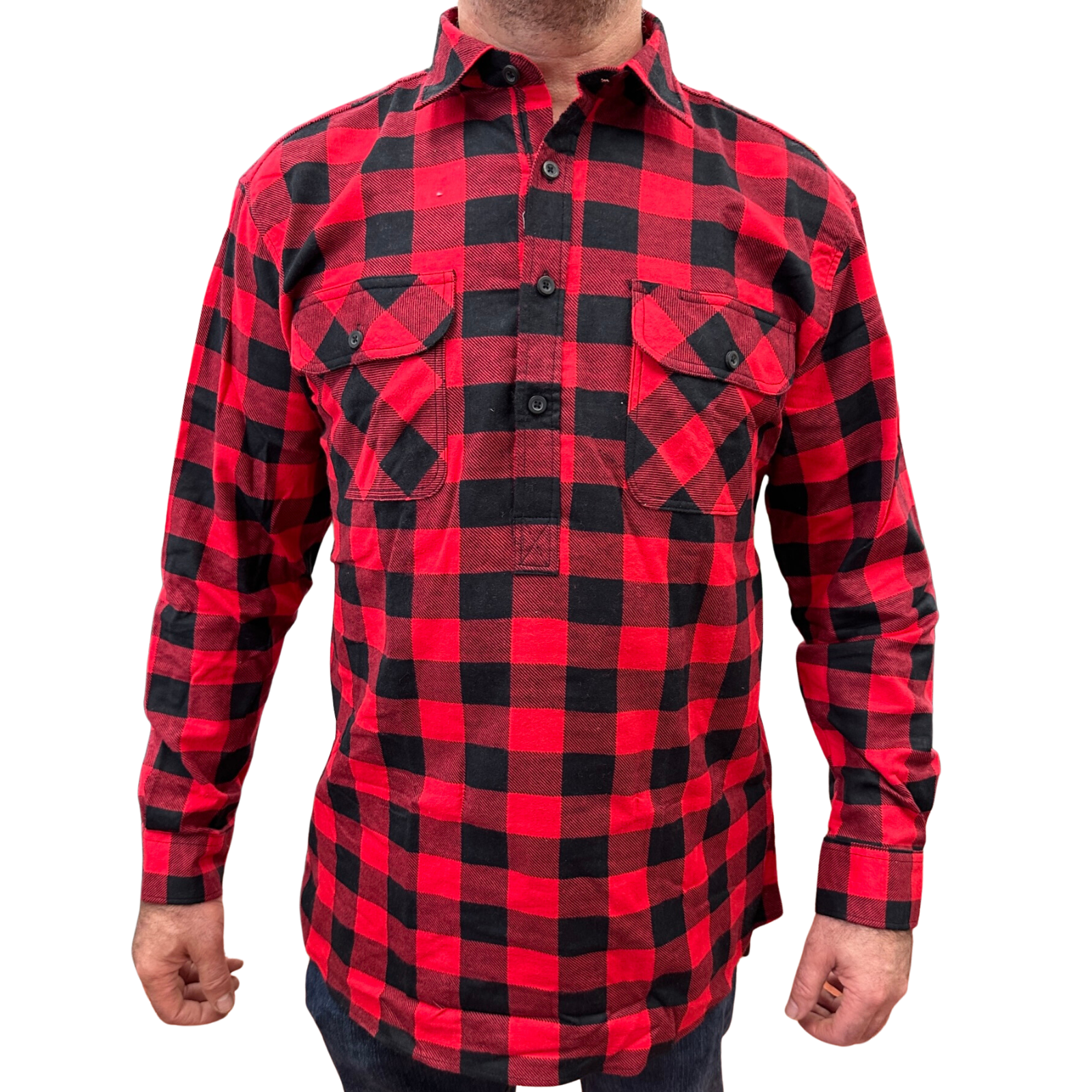 Mens Flannelette Long Sleeve Pullover Shirt 100% Cotton Flannel - Half Placket - Red/Black - 3XL
