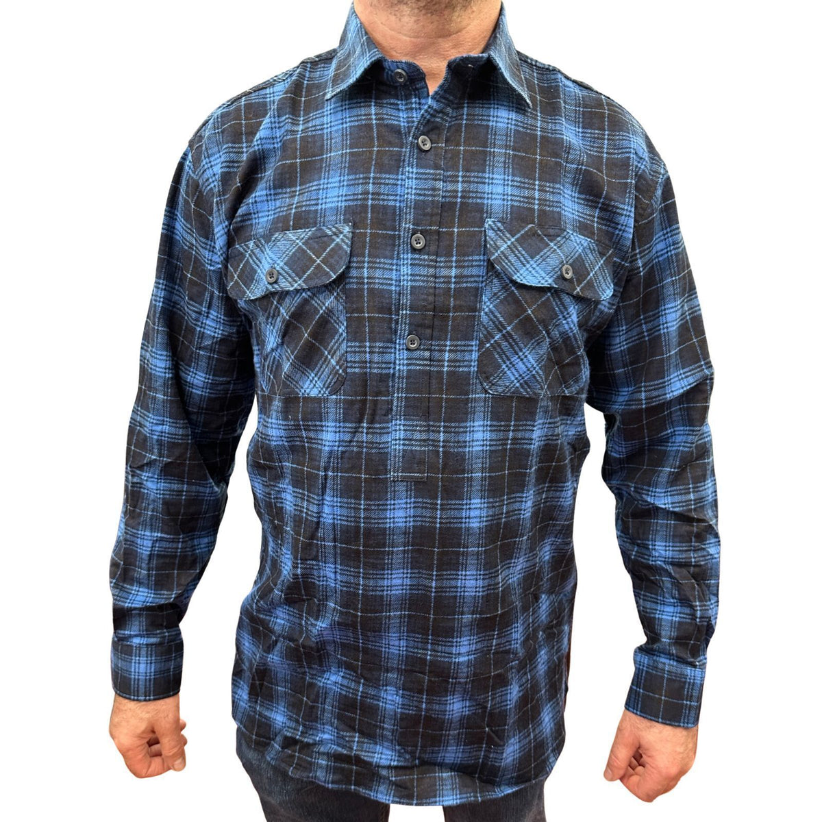 Mens Flannelette Long Sleeve Pullover Shirt 100% Cotton Flannel - Half Placket - Blue - L