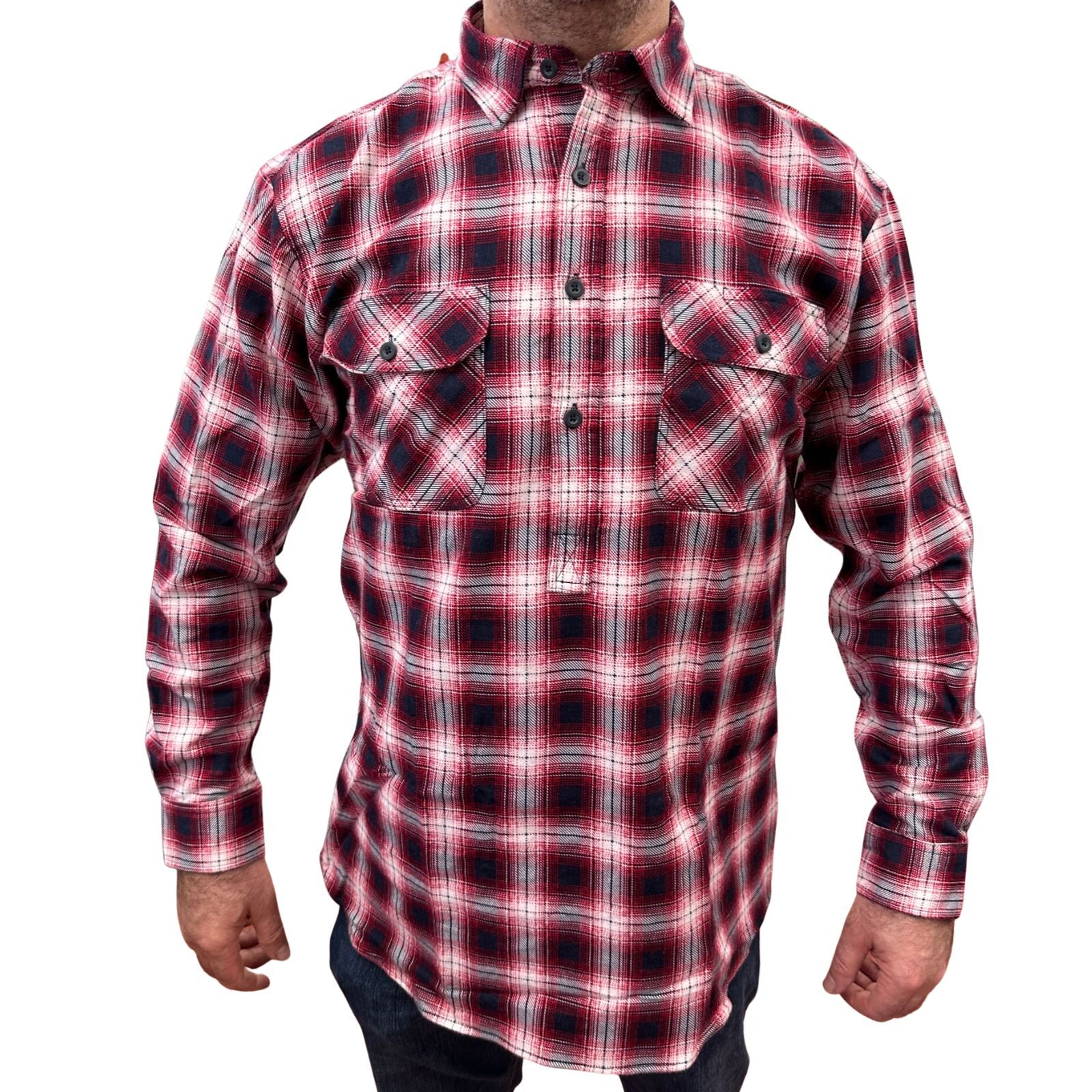 Mens Flannelette Long Sleeve Pullover Shirt 100% Cotton Flannel - Half Placket - Red/Navy - 4XL