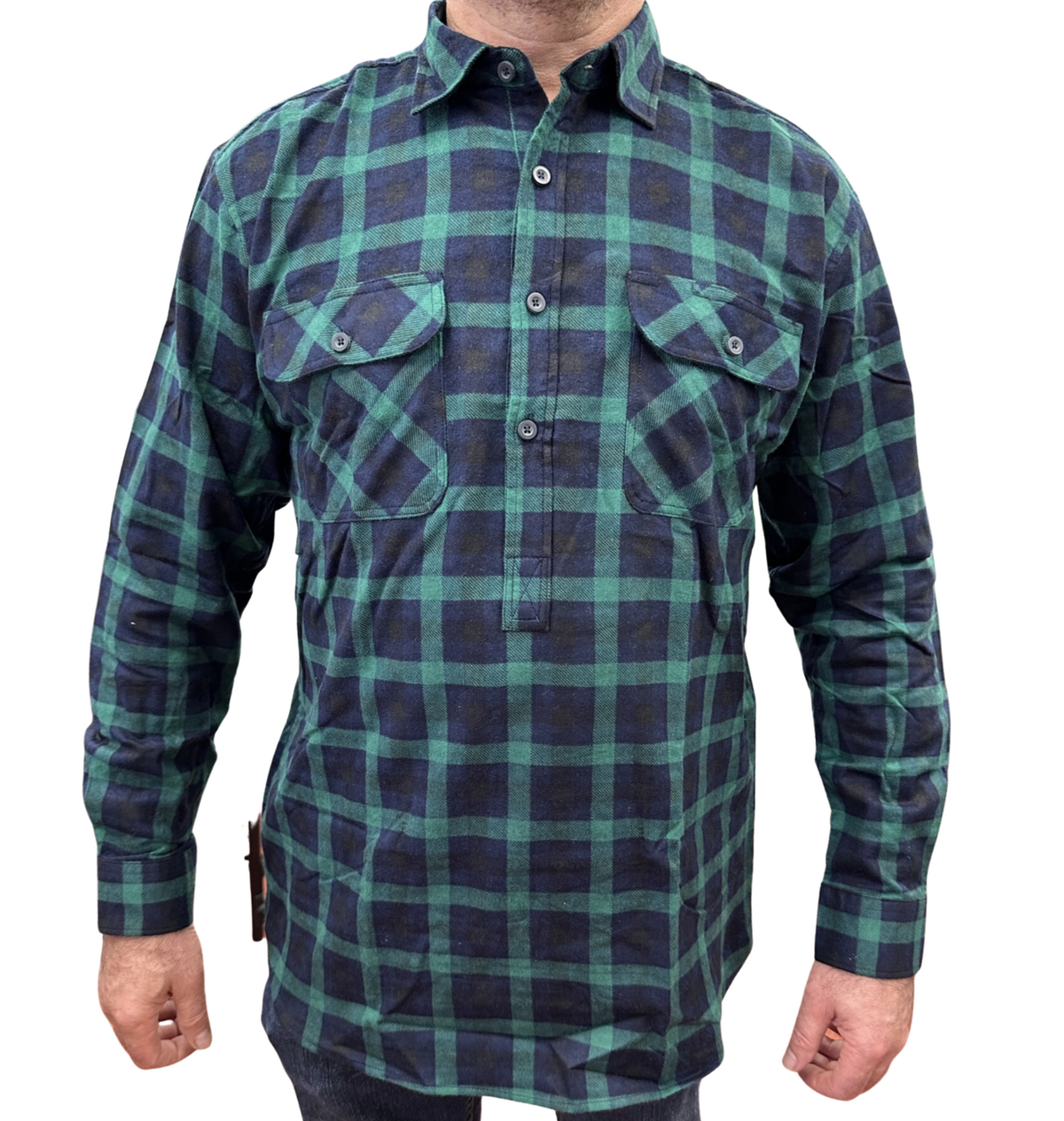 Mens Flannelette Long Sleeve Pullover Shirt 100% Cotton Flannel - Half Placket - Green/Navy - 6XL