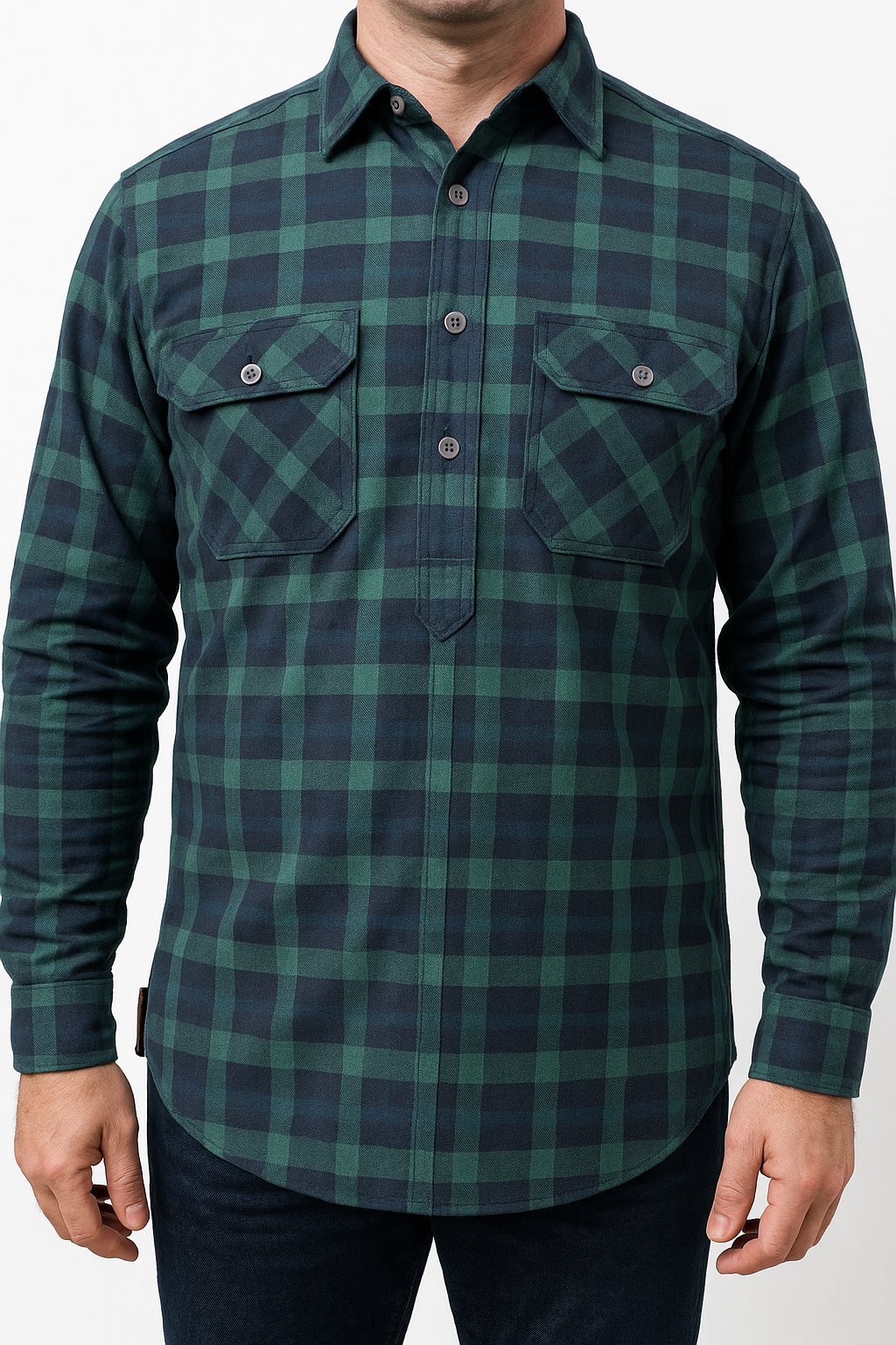 Mens Flannelette Long Sleeve Pullover Shirt 100% Cotton Flannel - Half Placket - Green/Navy - L