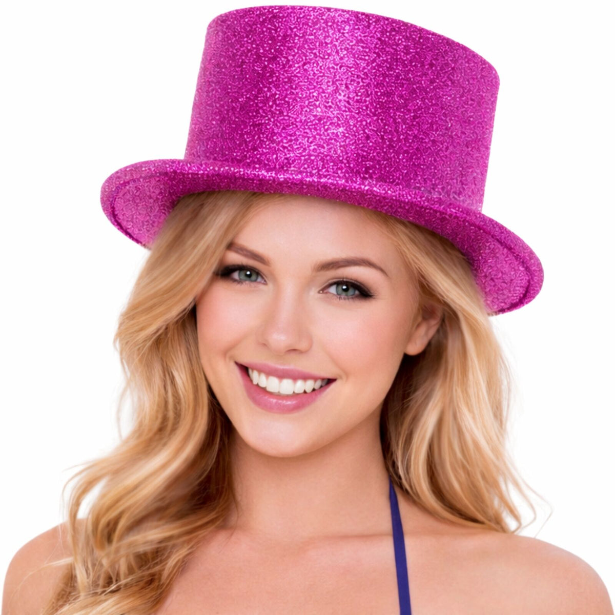 Glitter Top Hat Adult Costume Fancy Dress Party Plastic Tall Hat - Hot Pink