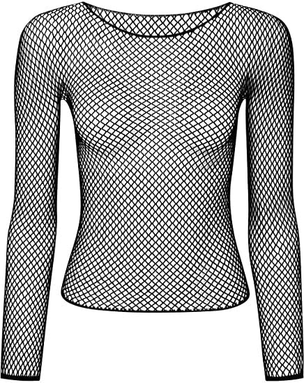 Womens Fishnet Mesh Top Long Sleeve Sheer See Through Party Costume - Black