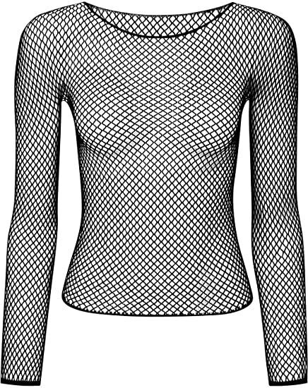Womens Fishnet Mesh Top Long Sleeve Sheer See Through Party Costume - Black