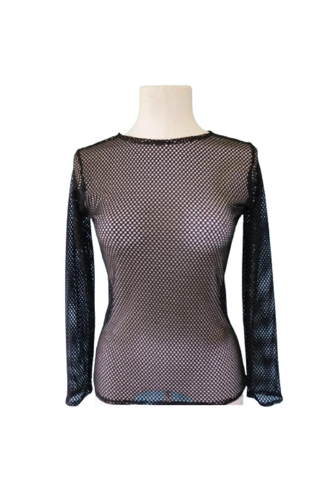 Womens Fishnet Mesh Top Long Sleeve Sheer See Through Party Costume - Black