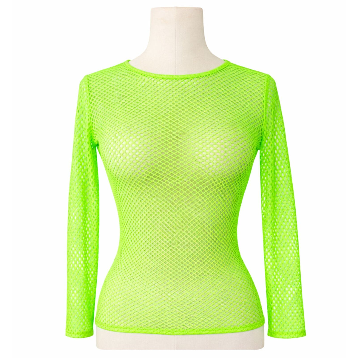 Womens Fishnet Mesh Top Long Sleeve Sheer See Through Costume - Fluro Green