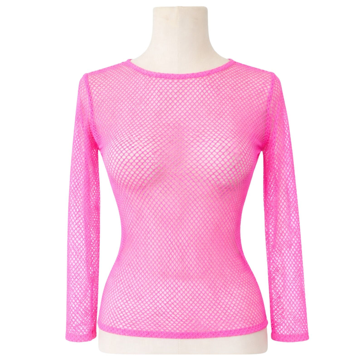 Womens Fishnet Mesh Top Long Sleeve Sheer See Through Party Costume - Light Pink