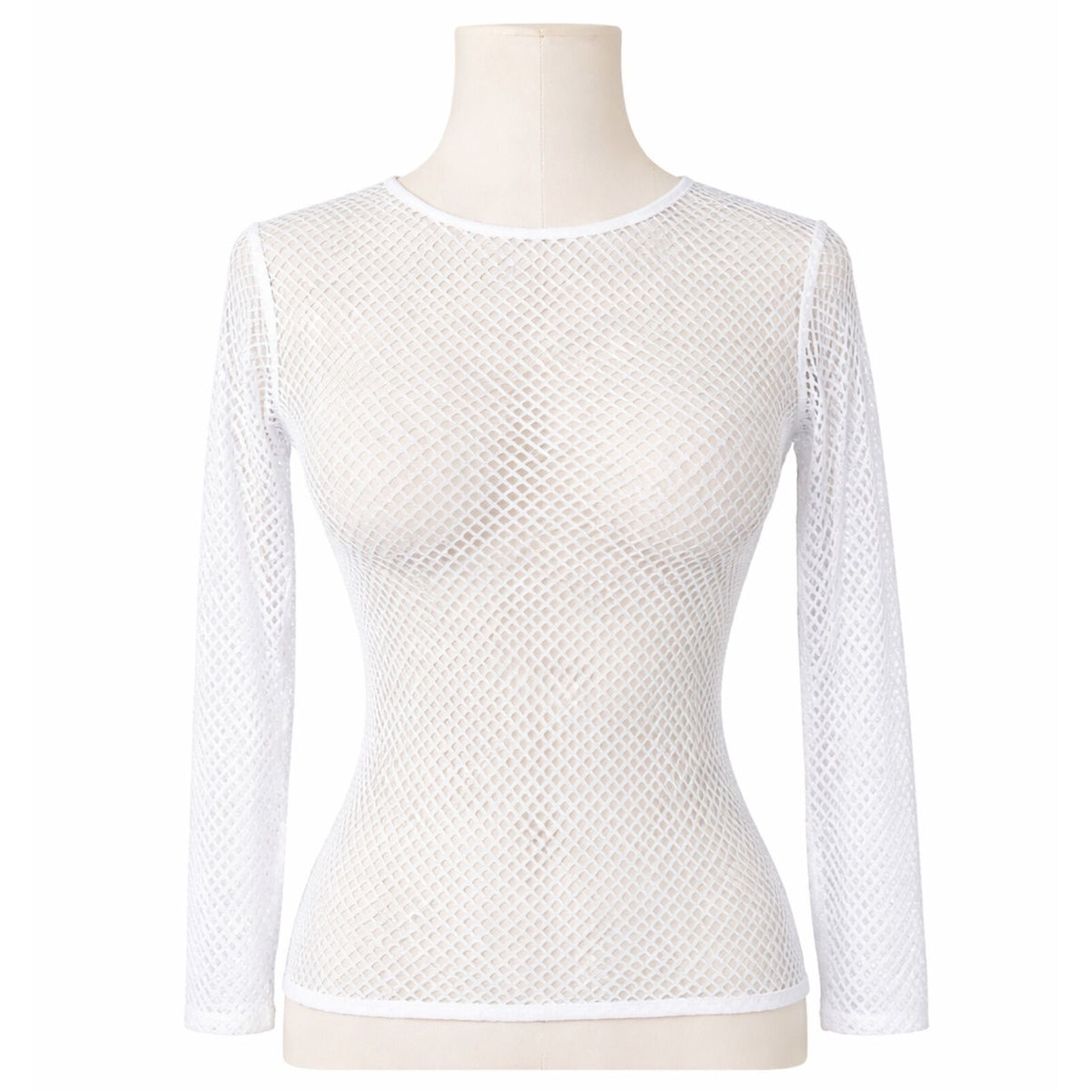 Womens Fishnet Mesh Top Long Sleeve Sheer See Through Party Costume - White