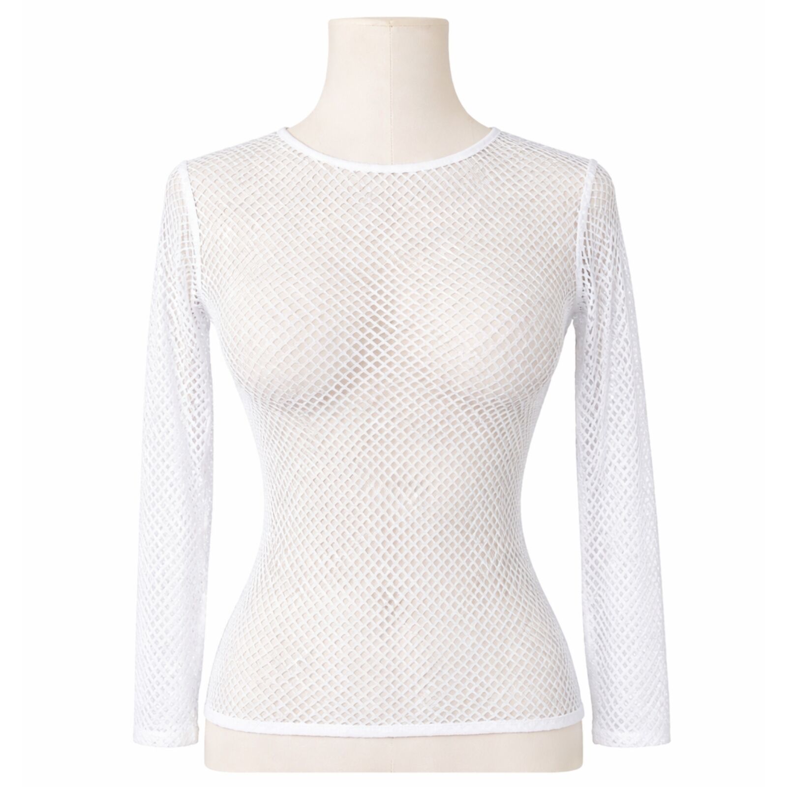 Womens Fishnet Mesh Top Long Sleeve Sheer See Through Party Costume - White
