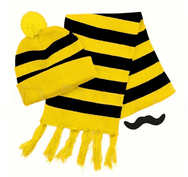 Tigers Beanie Hat Scarf Set Costume w Moustache Warm Winter Black Yellow Stripe