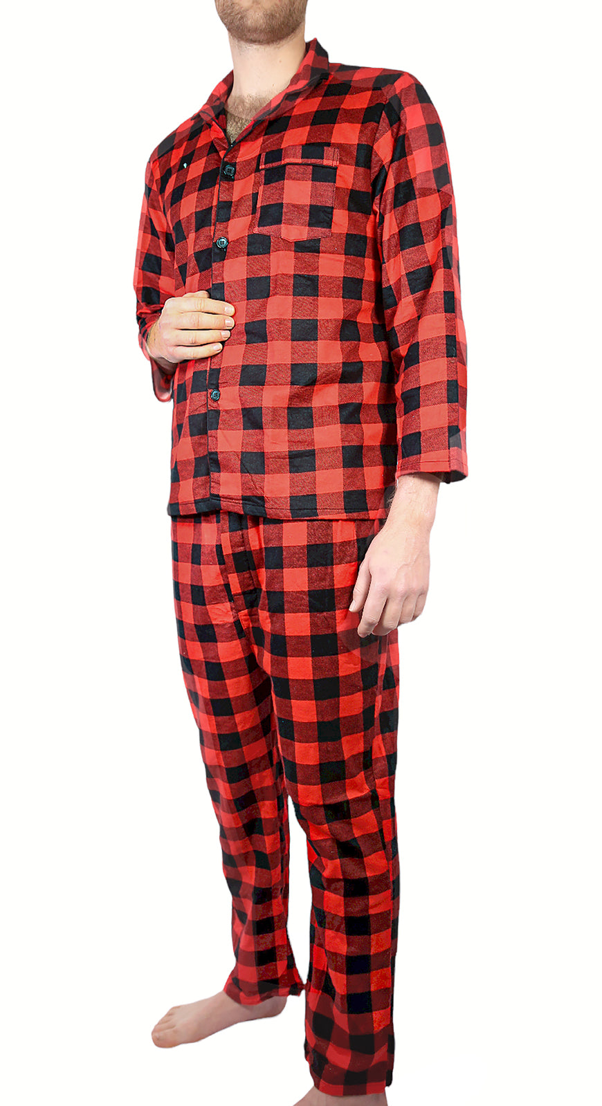 Mens Flannelette Pyjama Set 100% Cotton Long Sleeve Pants Soft Warm PJs - Red - 6XL