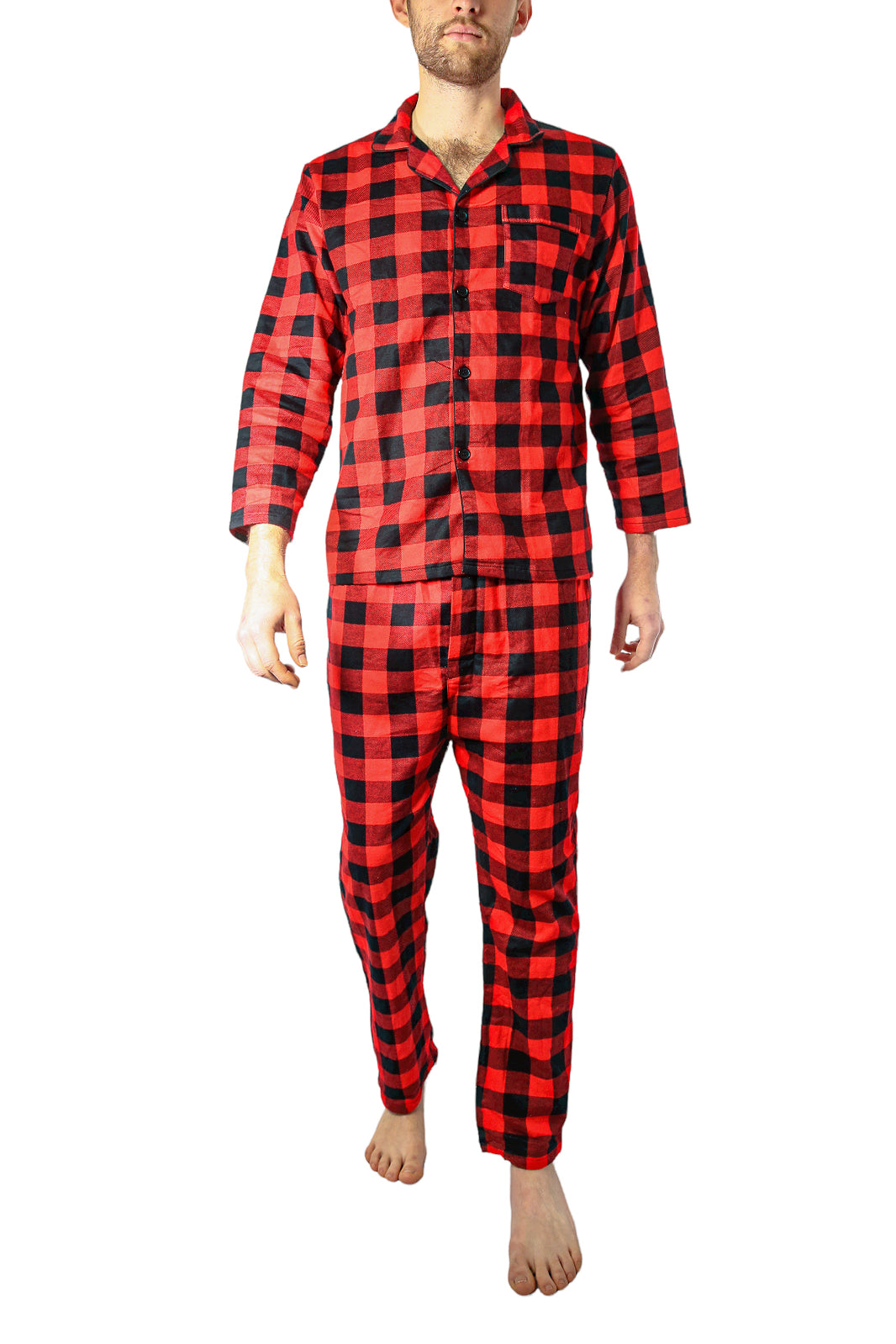 Mens Flannelette Pyjama Set 100% Cotton Long Sleeve Pants Soft Warm PJs - Red - 6XL