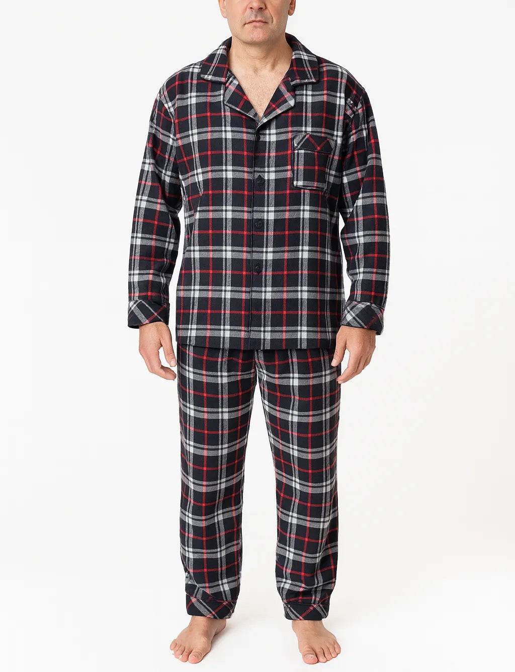 Mens Plus Size Flannelette Pyjamas 100% Cotton PJs Set Top Pants in Red Check - M