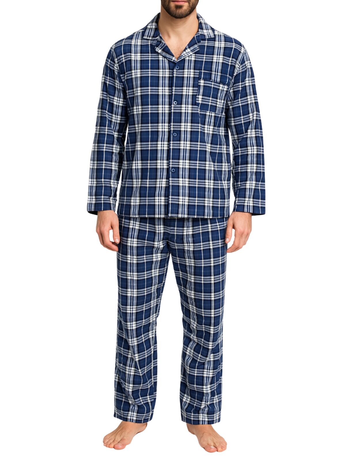 Mens Flannelette Pyjama Set Sleepwear Soft 100% Cotton PJs - Blue Check - L