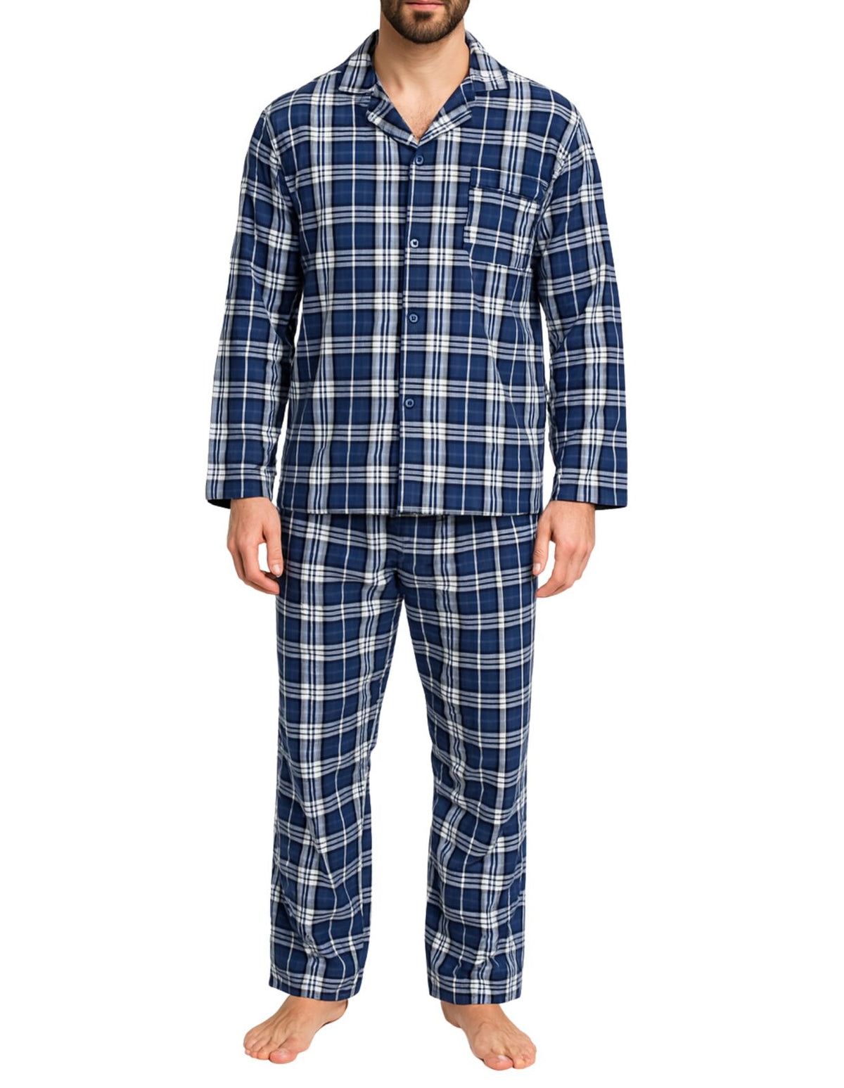 Mens Flannelette Pyjama Set Sleepwear Soft 100% Cotton PJs - Blue Check - S