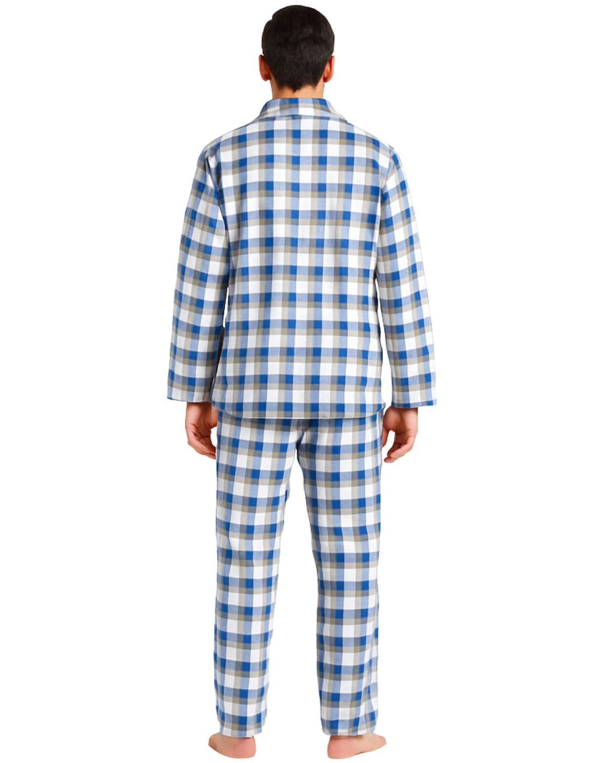 Mens Flannelette Pyjama Set Sleepwear Soft 100% Cotton PJs Two Piece - Light Blue Check - S