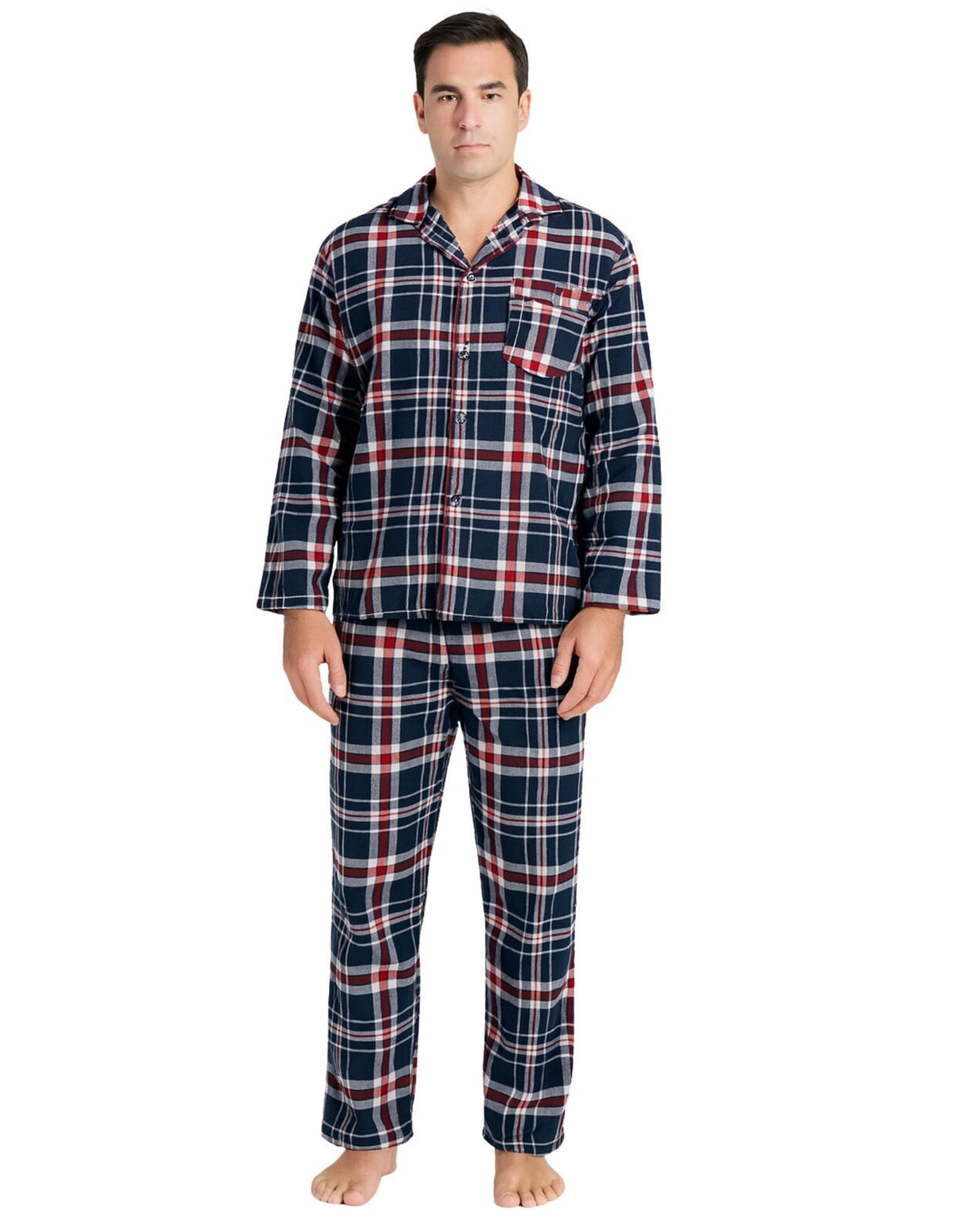 Mens Flannelette Pyjama Set Sleepwear Soft 100% Cotton PJs Two Piece - Navy/Red Check - 3XL