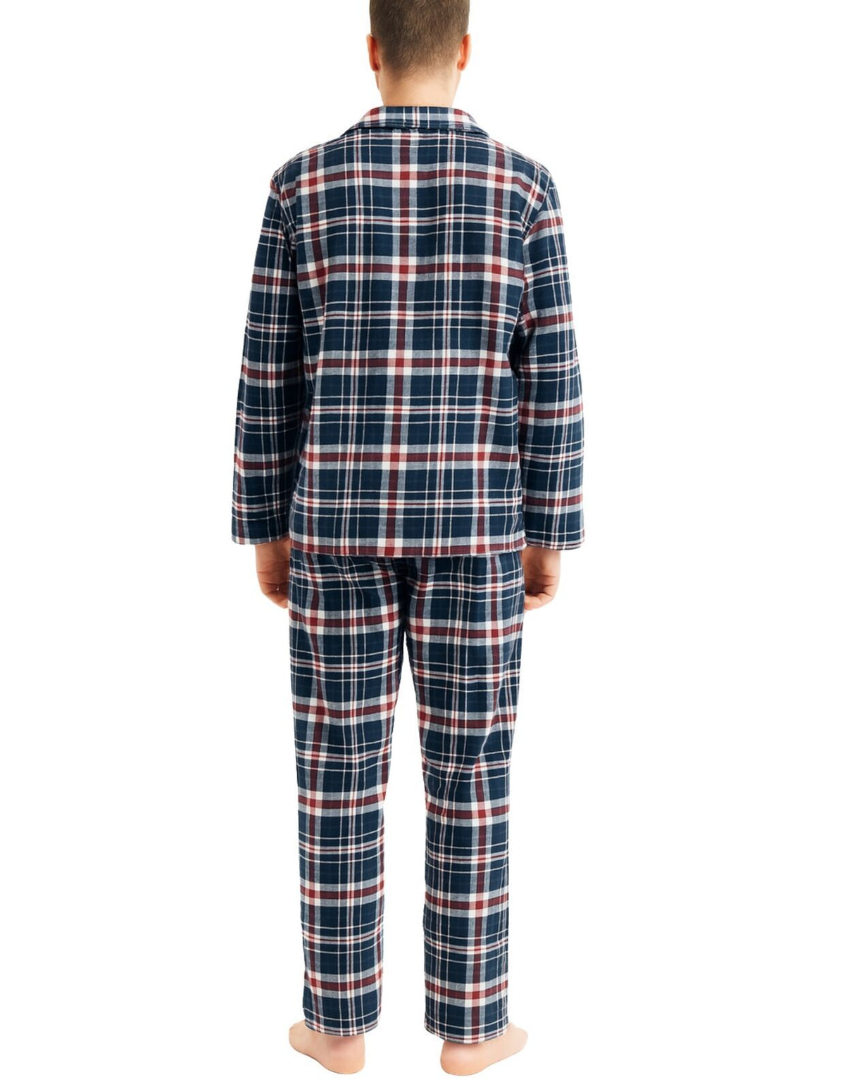 Mens Flannelette Pyjama Set Sleepwear Soft 100% Cotton PJs Two Piece - Navy/Red Check - 5XL