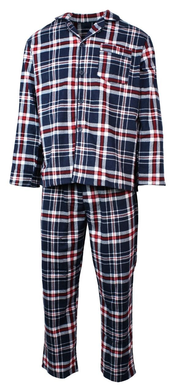 Mens Flannelette Pyjama Set Sleepwear Soft 100% Cotton PJs Two Piece - Navy/Red Check - 6XL