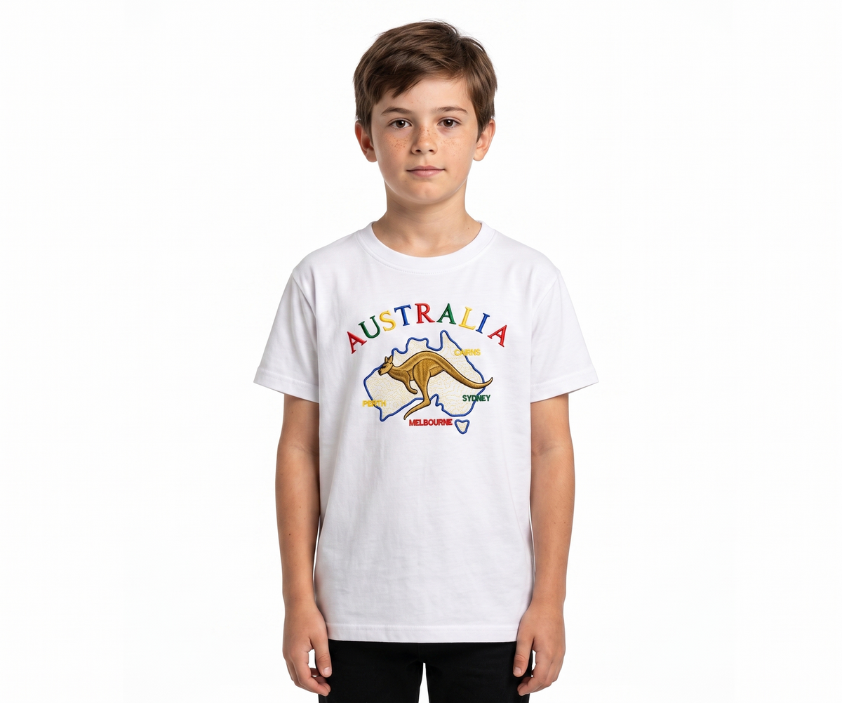 Kids Australia Kangaroo T Shirt Tee Childrens Child 100% Cotton Top - White - 14