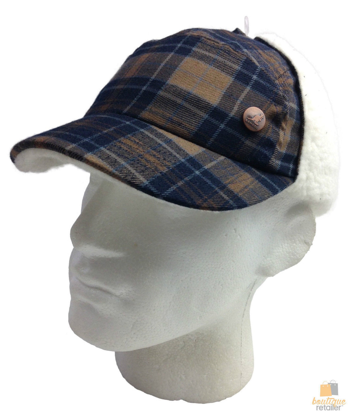 Plaid Supre Trapper Ushanka Hat Sherpa Lined Winter Ear Flap Cap - Navy/Khaki - L/XL