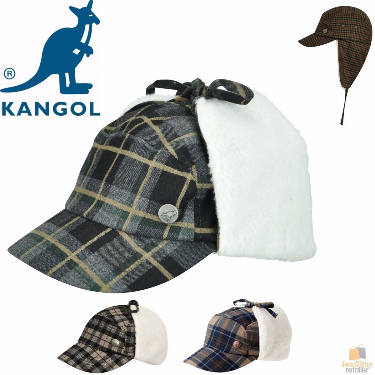 Plaid Supre Trapper Ushanka Hat Sherpa Lined Winter Ear Flap Cap - Navy/Khaki - L/XL