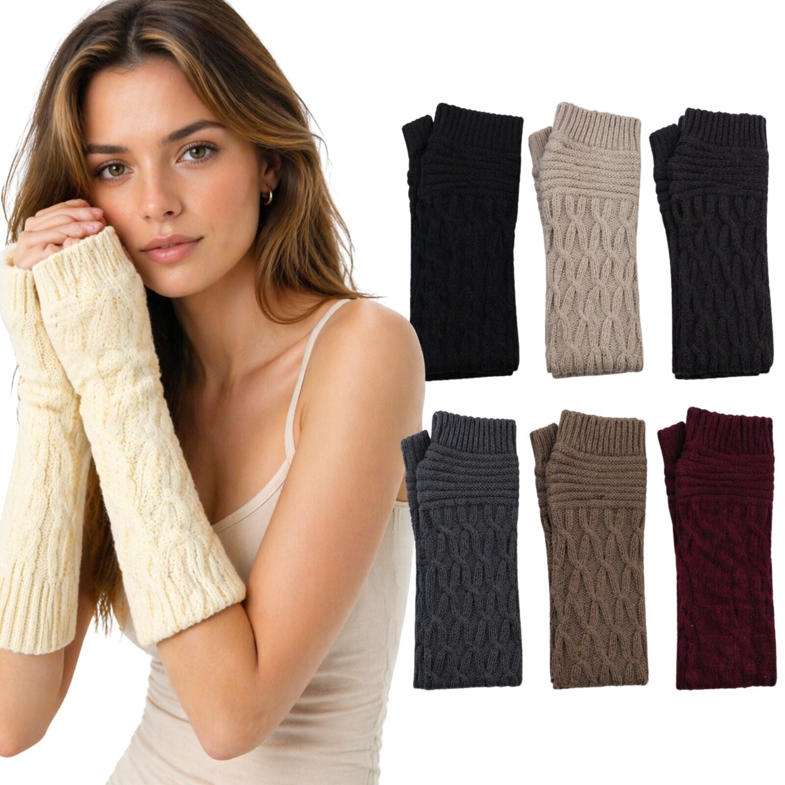 1 Pair Womens Arm Warmers Fingerless Gloves Knitted Long Winter - Assorted