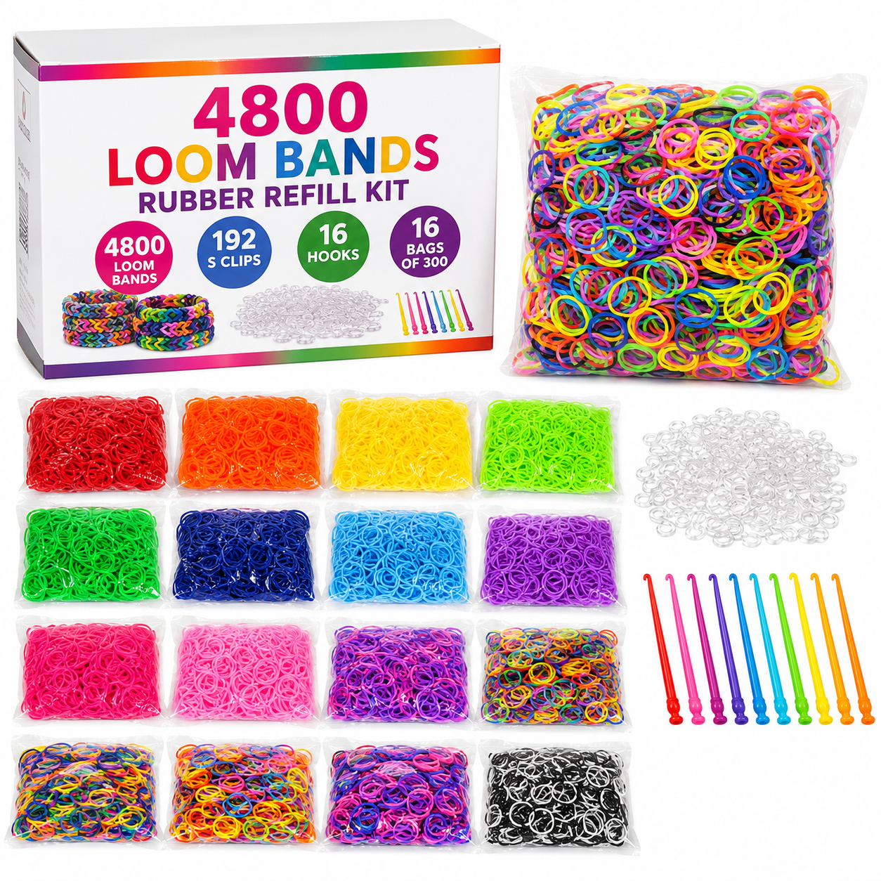 4800 LOOM BANDS Rubber Refill Kit DIY Magical Bracelet 192 S Clips 16 Hooks BULK - Mixed Colours