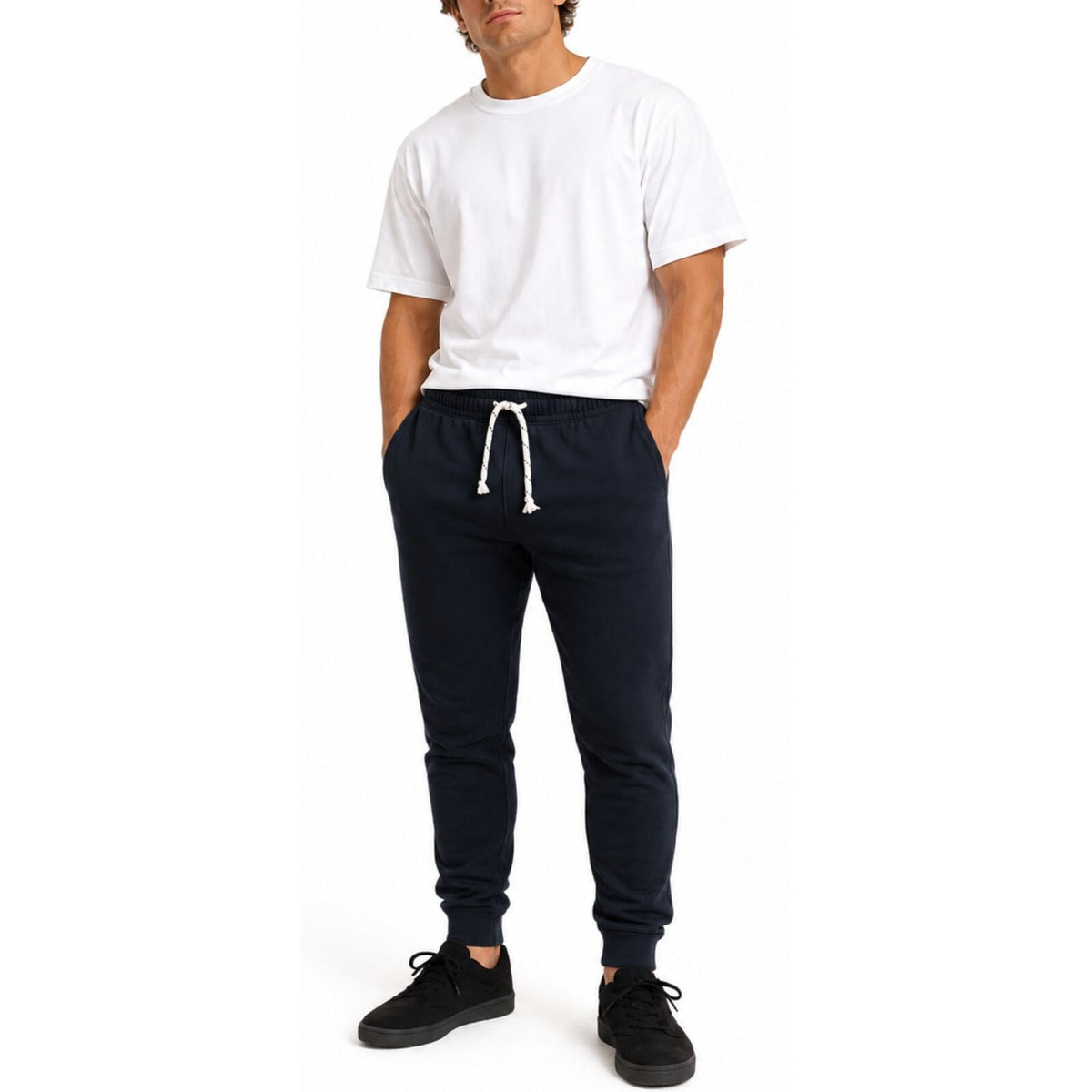 Mens Skinny Track Pants Slim Fit Joggers Gym Cuffed Sports Trousers - Navy - XL