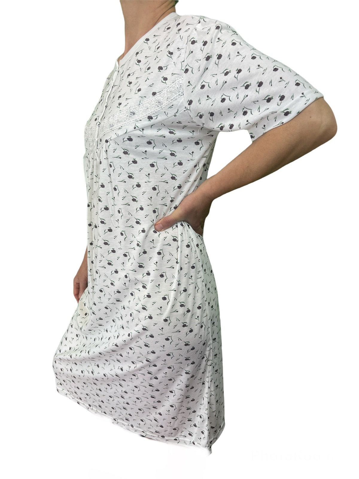 Womens Ladies Cotton Nightie Night Gown Slip Petticoat PJs Sleepwear Dress - White/Purple - 20