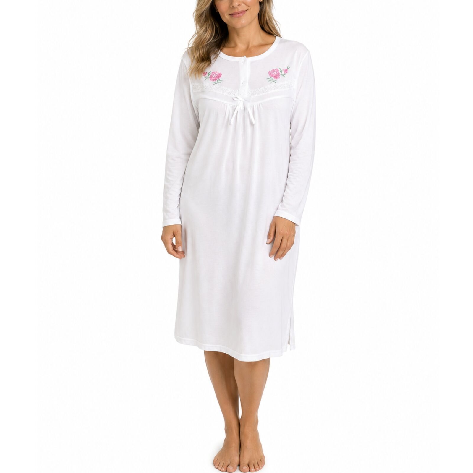 Womens Cotton Nightie Long Sleeve Night Gown Pyjamas Sleepwear Lace PJ - White - 20