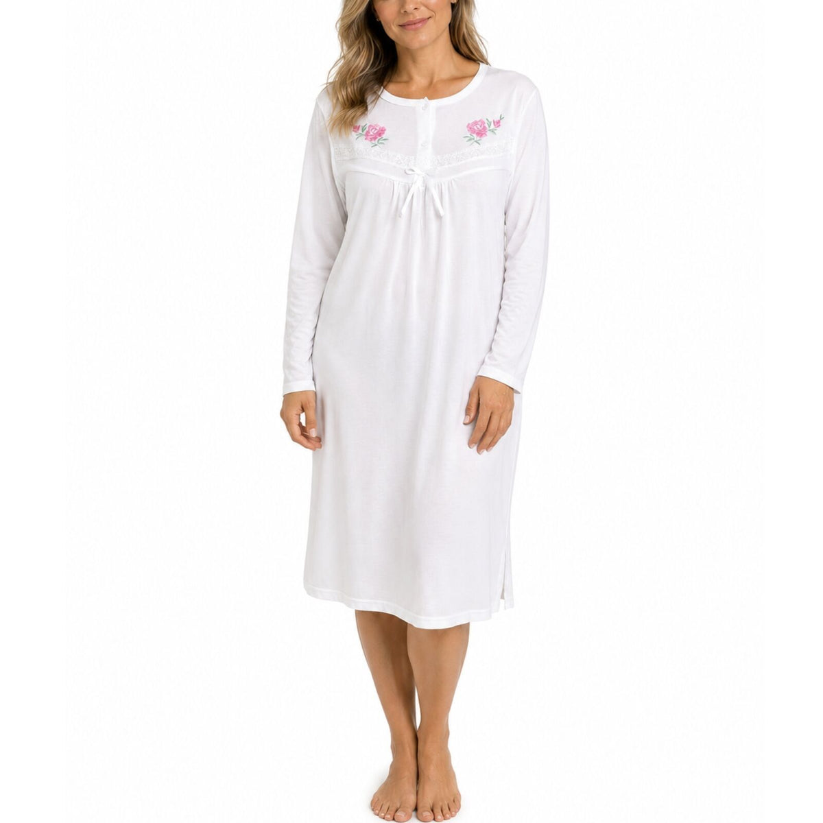 Womens Cotton Nightie Long Sleeve Night Gown Pyjamas Sleepwear Lace PJ - White - 20