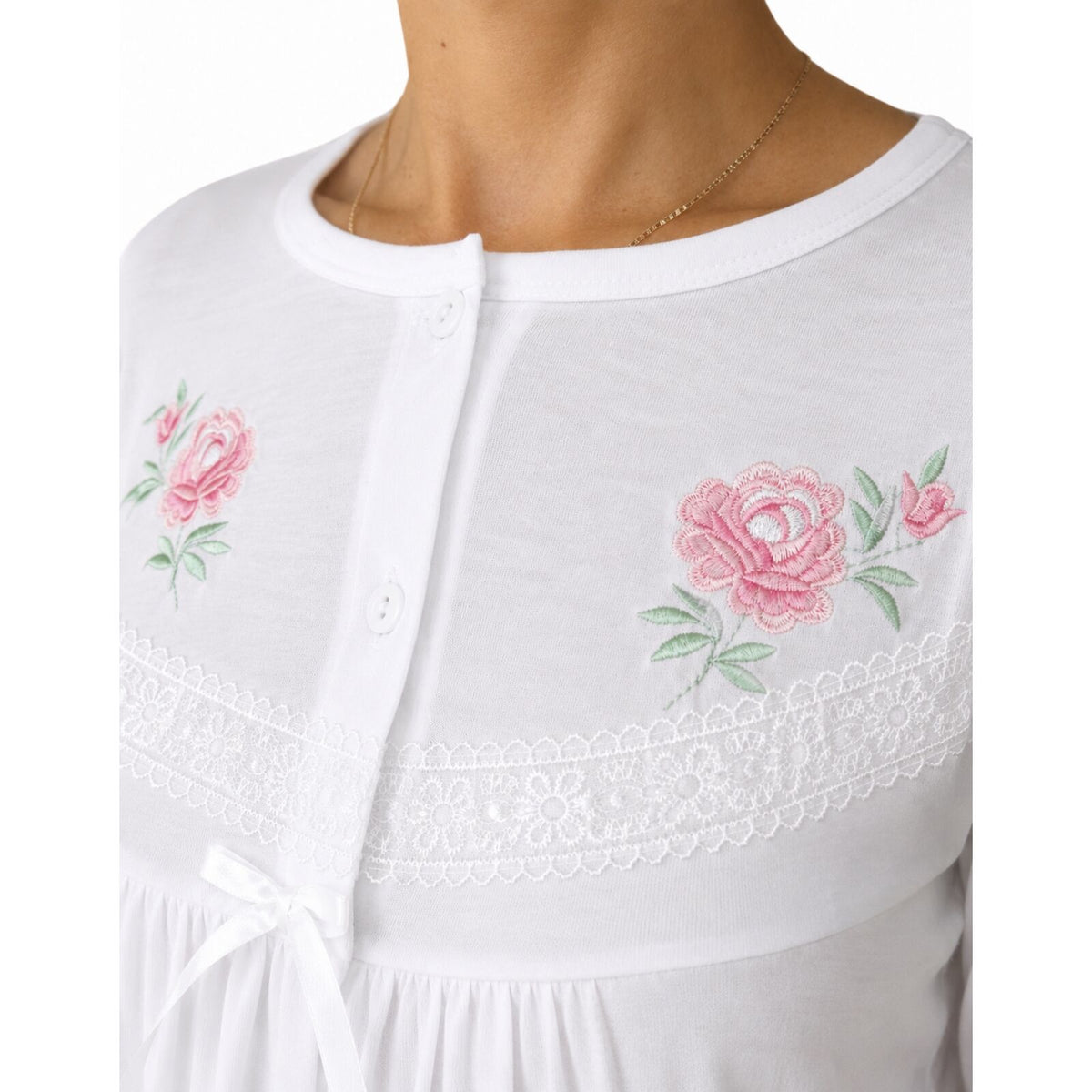Womens Cotton Nightie Long Sleeve Night Gown Pyjamas Sleepwear Lace PJ - White - 20
