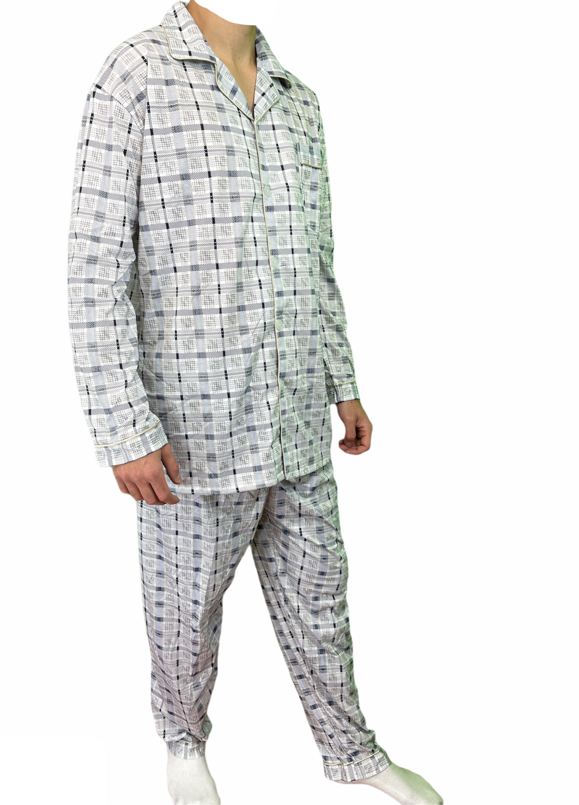 Mens Cotton Pyjama Set Long Sleeve Button Shirt Pants Sleepwear PJs - White/Blue - M