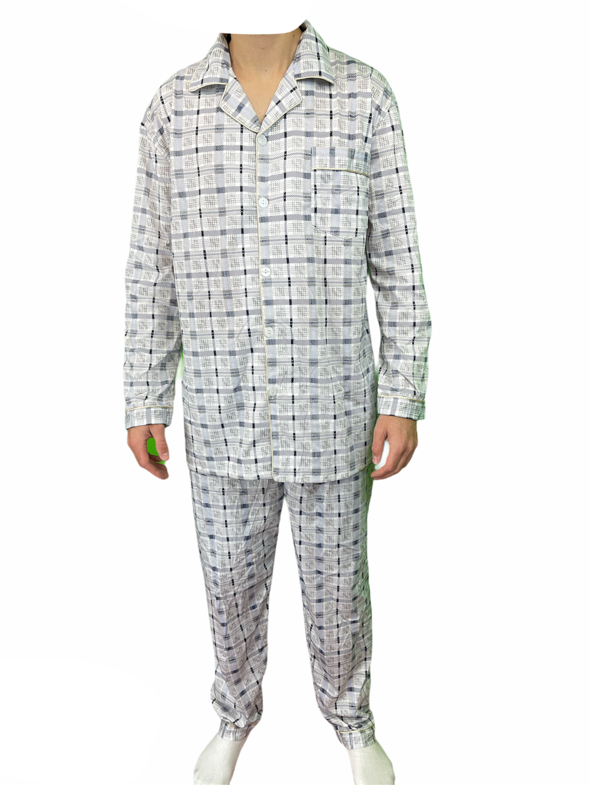 Mens Cotton Pyjama Set Long Sleeve Button Shirt Pants Sleepwear PJs - White/Blue - XXL